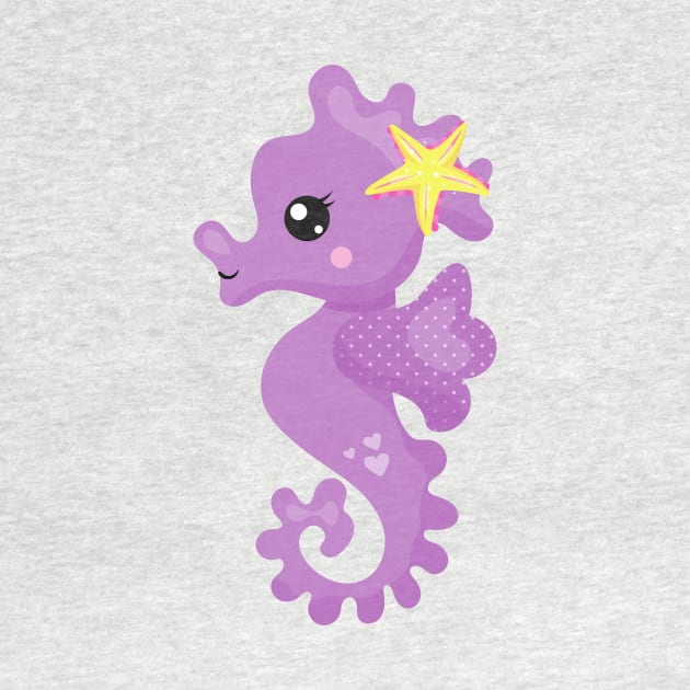 Cute Seahorse, Purple Seahorse, Starfish, Hearts by Jelena Dunčević